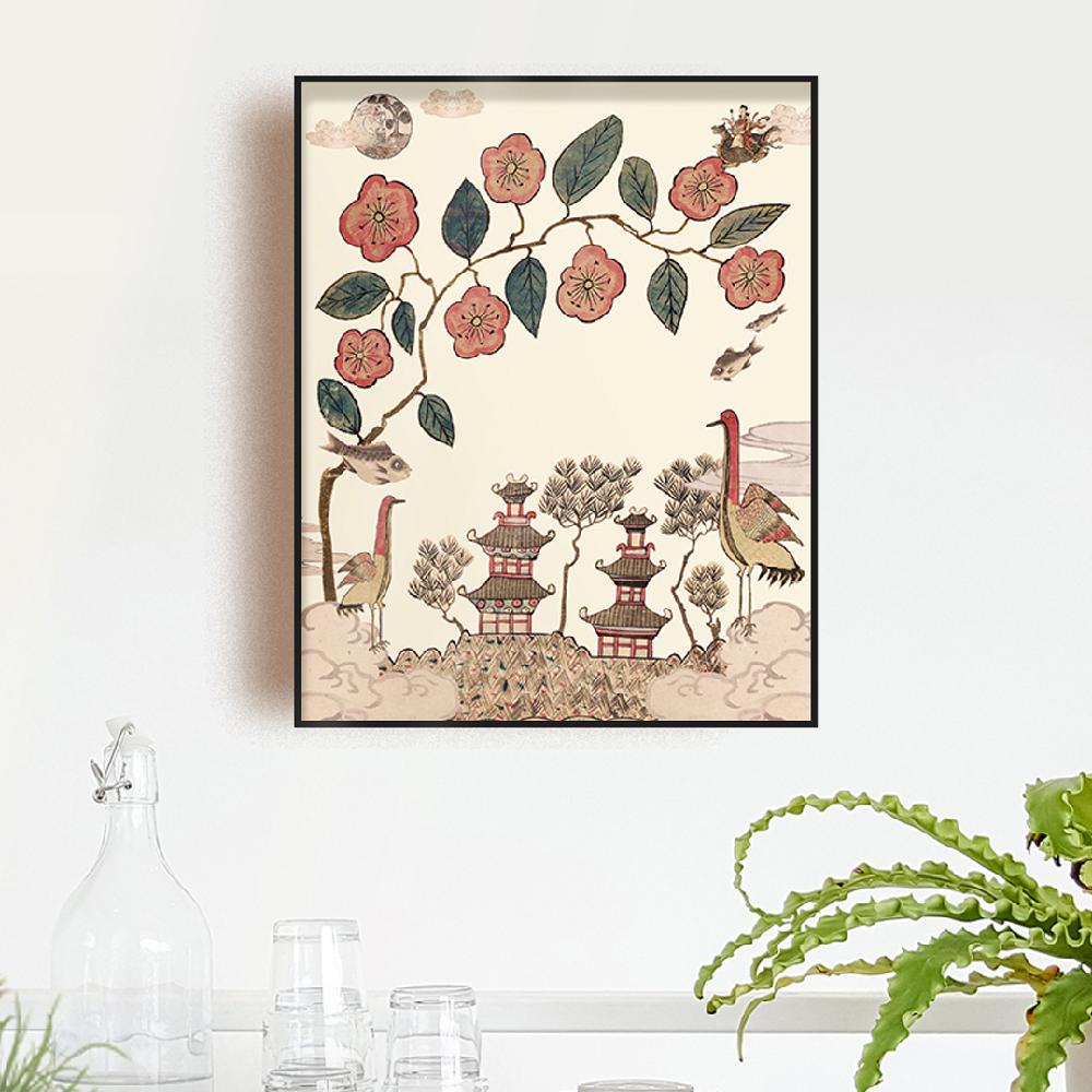 Korean Folk Art Frameless Art Print, minhwa drawing Korean surrealistic modern art poster _'Whajodo'
