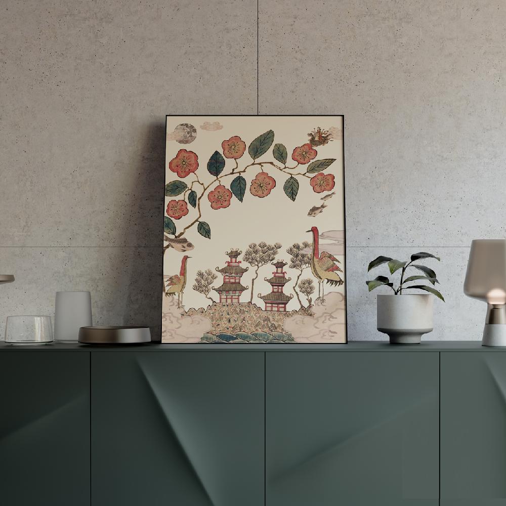 Korean Folk Art Frameless Art Print, minhwa drawing Korean surrealistic modern art poster _'Whajodo'