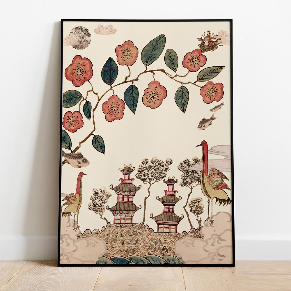 Korean Folk Art Frameless Art Print, minhwa drawing Korean surrealistic modern art poster _'Whajodo'